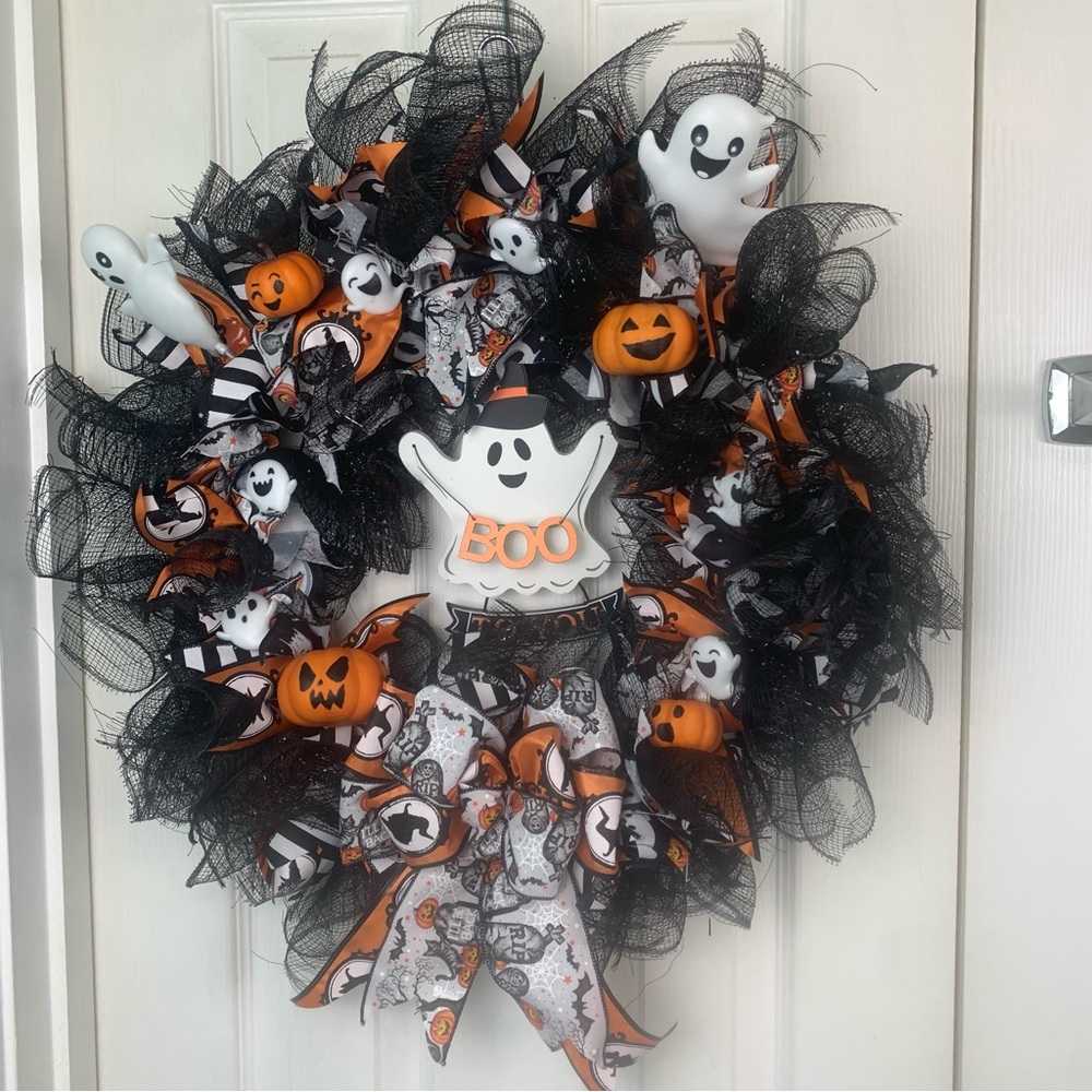 Handmade Halloween Deco Mesh Wreath 18in Boo To You Ghost Pumpkin Black Orange - Picture 5 of 5